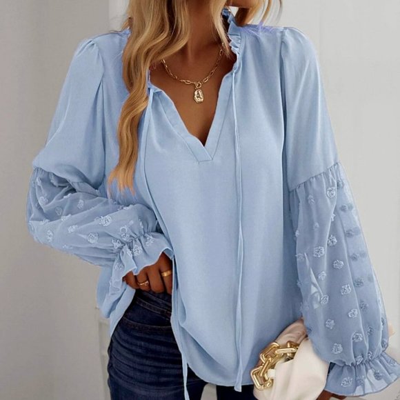 . Tops - Baby Blue Casual Womens Swiss Dot Frill Trim Blouse